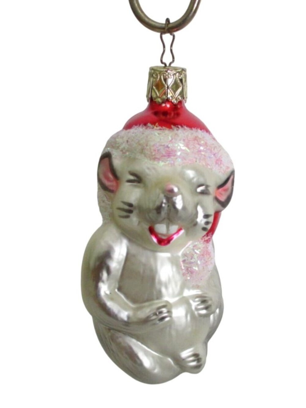 Vintage Inge Mouse Glass Ornament With Red Santa Hat 4.5 Inches